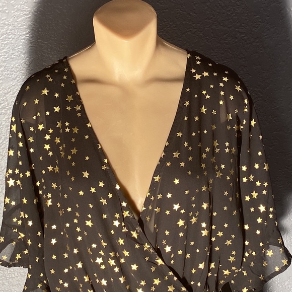 IF BY SEA - black shorts romper s/s w gold stars sheer mesh overlay, deepV - L - Picture 3 of 16
